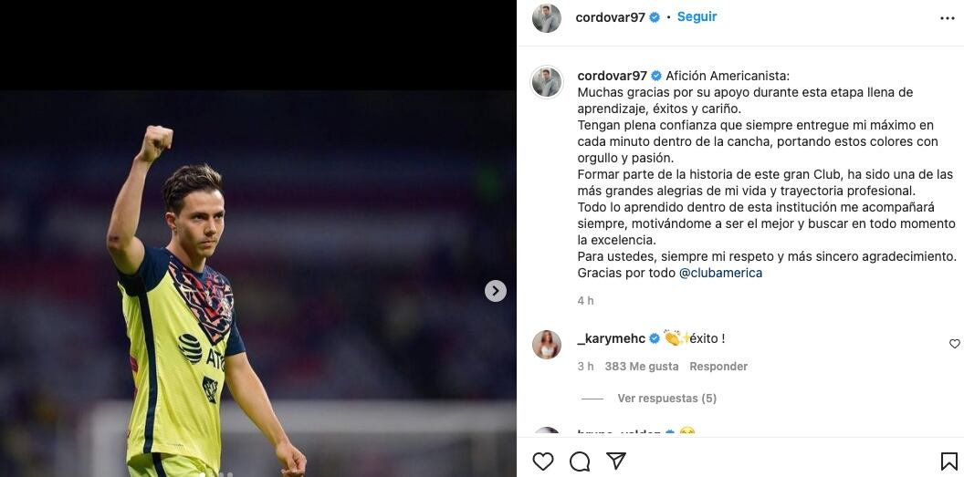 Sebastián Córdova se despidió de los fans del Club América
