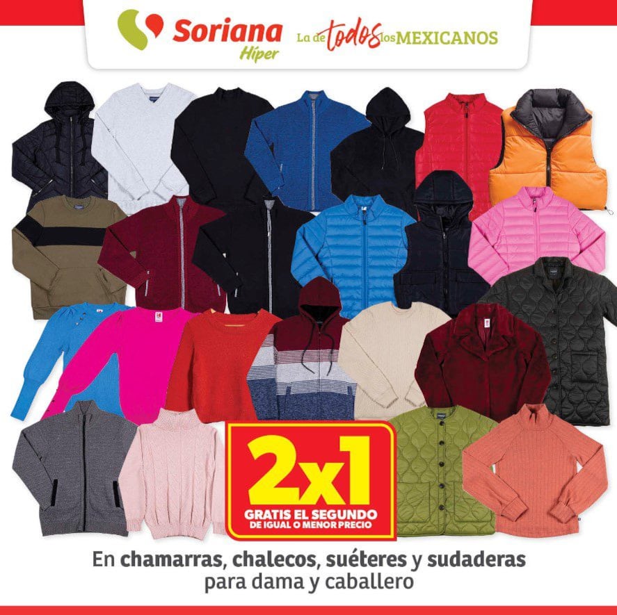 Ofertas Soriana fin de semana: 2x1 en chamarras, chalecos, suéteres y sudaderas.