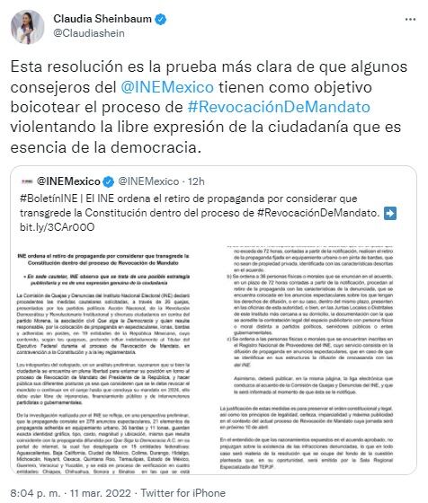 Claudia Sheinbaum acusa que consejeros del INE quieren boicotear la revocación de mandato