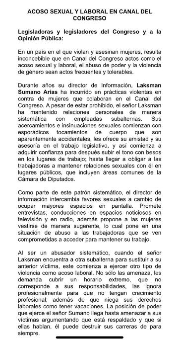 Denuncian a Laksman Sumano Arias, director de información del Canal del Congreso, por acoso y hostigamiento sexual