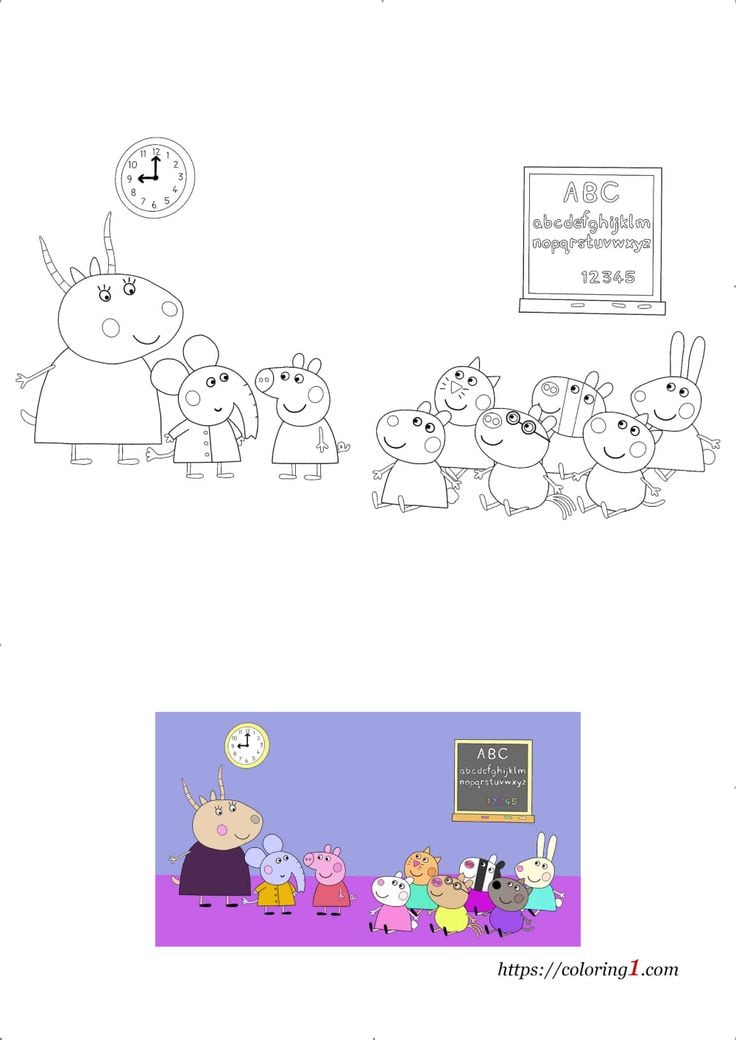 Dibujos de Peppa Pig y Señora Gacela en la escuela para colorear por el Día del Maestro
