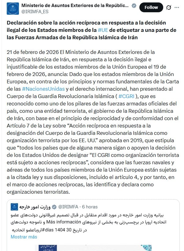 Irán califica terroristas a países de la Unión Europea por apoyo a Estados Unidos