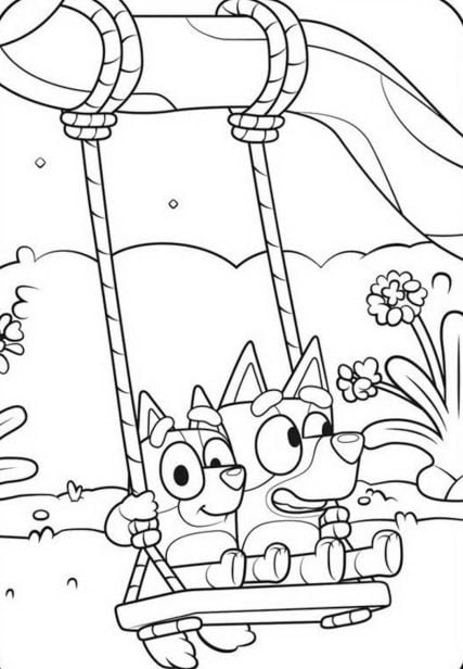Bluey y Bingo en un columpio en primavera