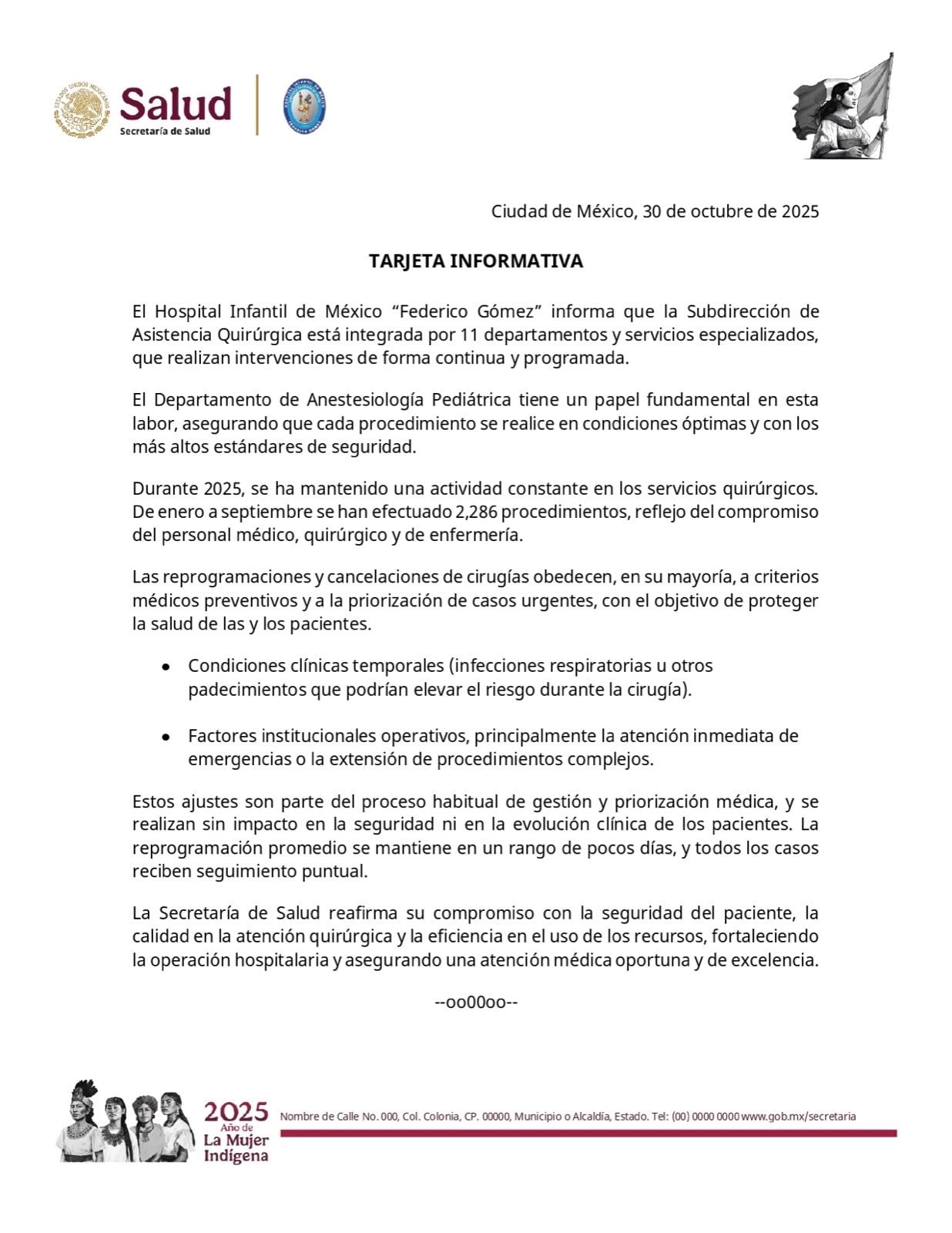 Comunicado de la Secretaría de Salud sobre situación en el Hospital Infantil de México