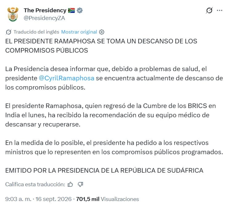 Cyril Ramaphosa enferma tras la cumbre de los BRICS en India; Xi Jinping también genera rumores