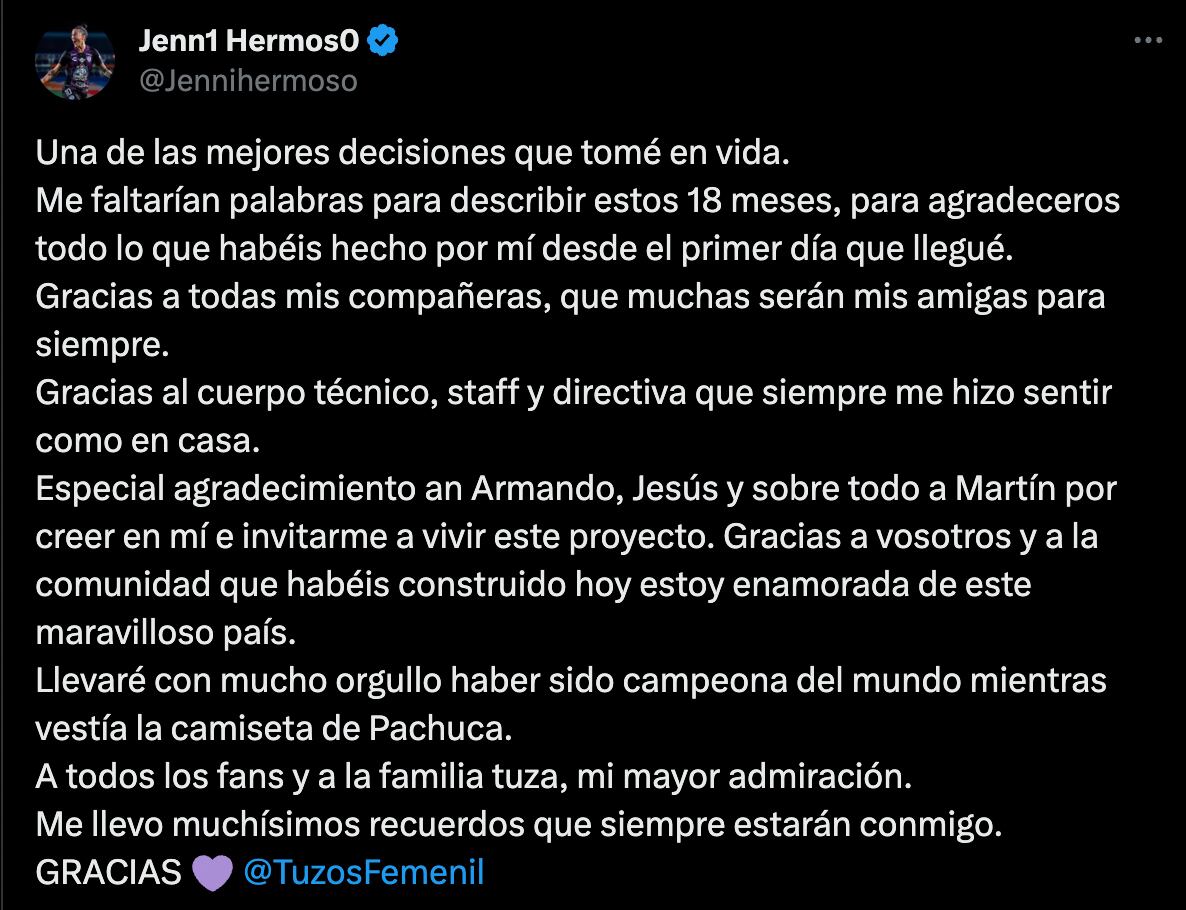 Jennifer Hermoso se despide del CF Pachuca