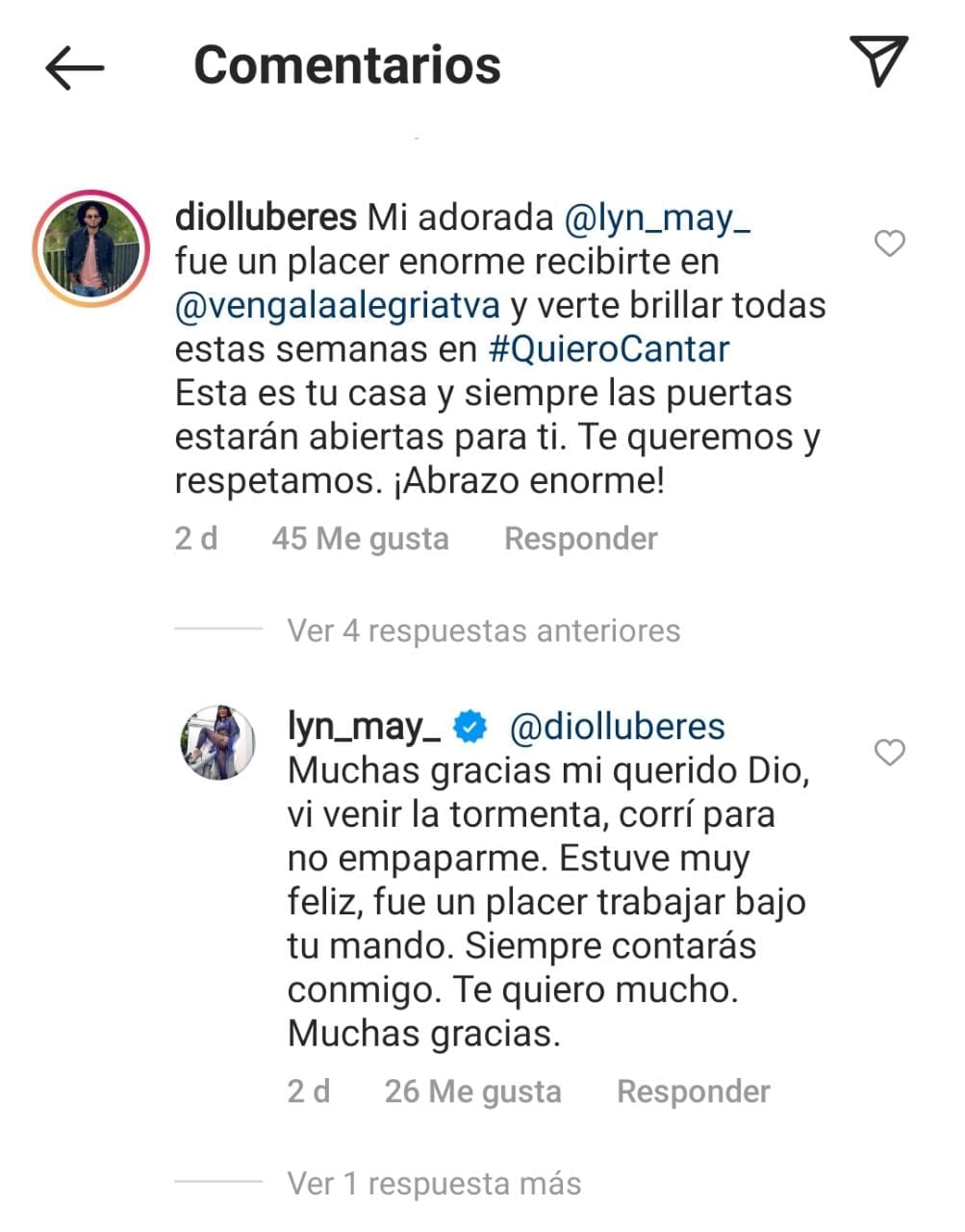 Comentarios de Instagram en la publicación de Lyn May