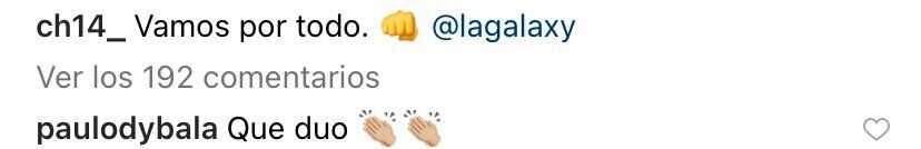 Comentario de Paulo Dybala en la publicación de Chicharito Hernández.