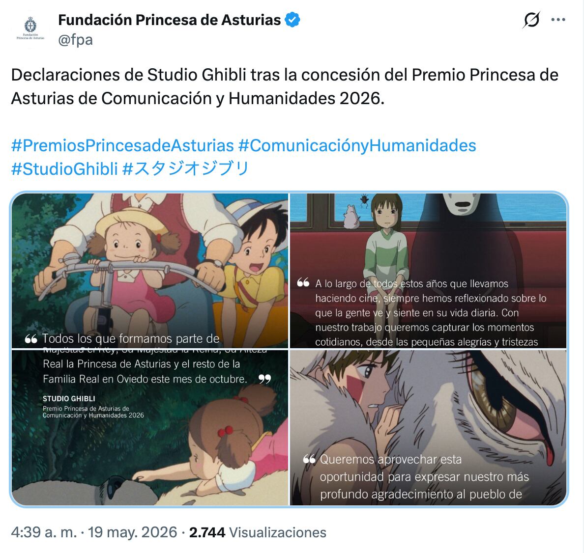 Studio Ghibli agradece el galardón del Premio Princesa de Asturias 2026
