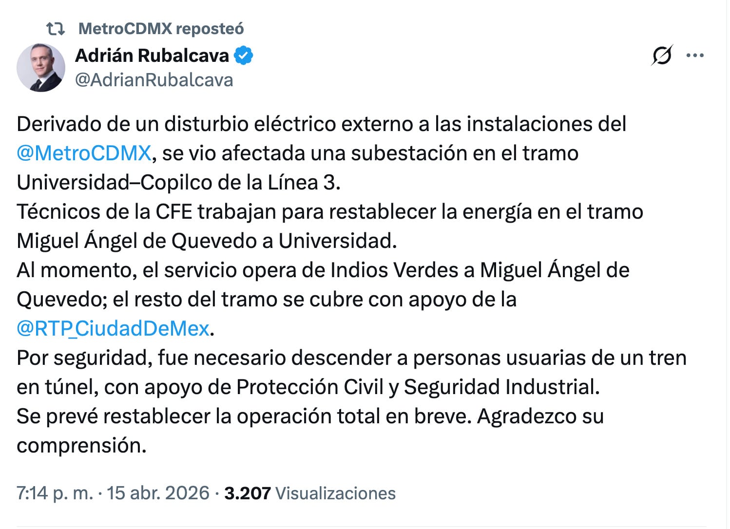 Adrián Rubalcava sobre falla eléctrica en Línea 3 del Metro CDMX