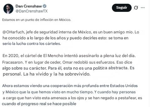 Dan Crenshaw reconoce el trabajo de Omar García Harfuch por captura de El Mencho.