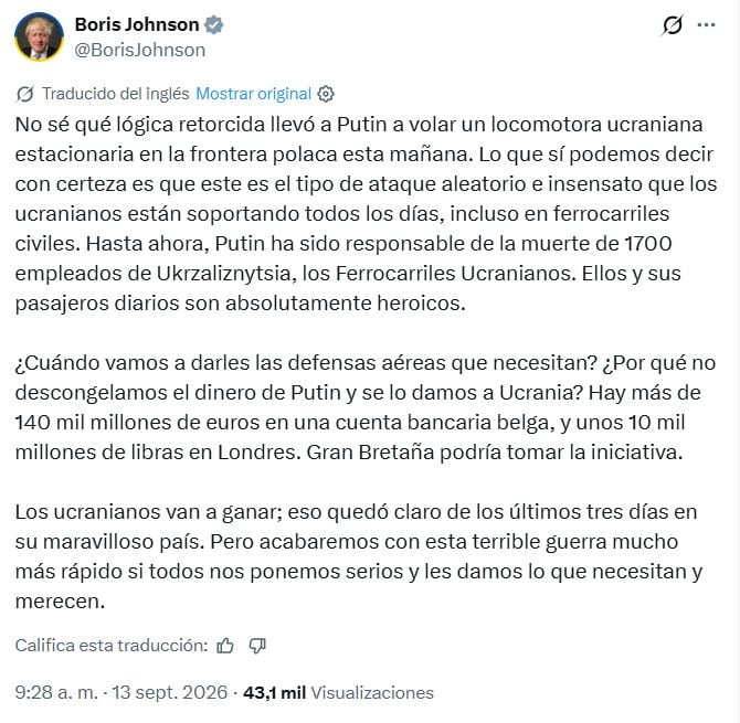 Mensaje de Boris Johnson tras ser evacuado de tren por alerta de ataque de drones rusos