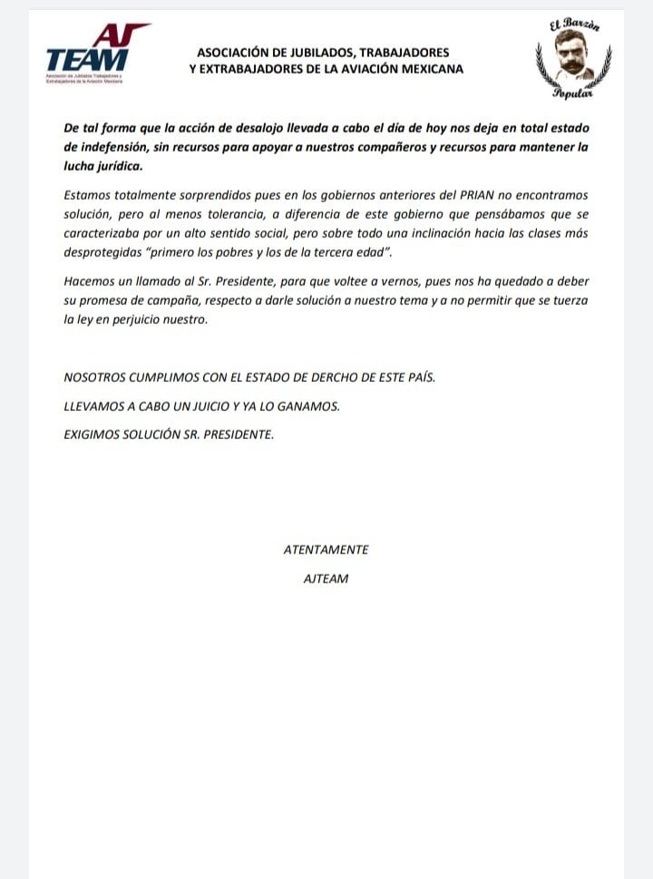 Comunicado del AJTEAM sobre el desalojo del bazar de Mexicana del AICM/AJTEAM