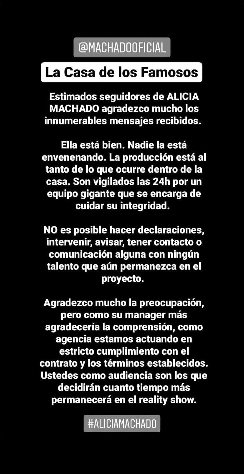 Manager de Alicia Machado asegura que está bien en La casa de los famosos
