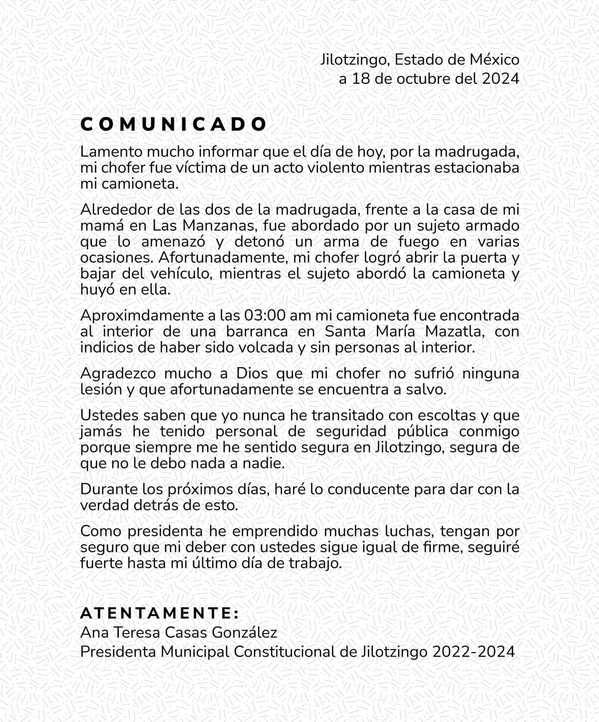 Comunicado Ana Teresa Casas