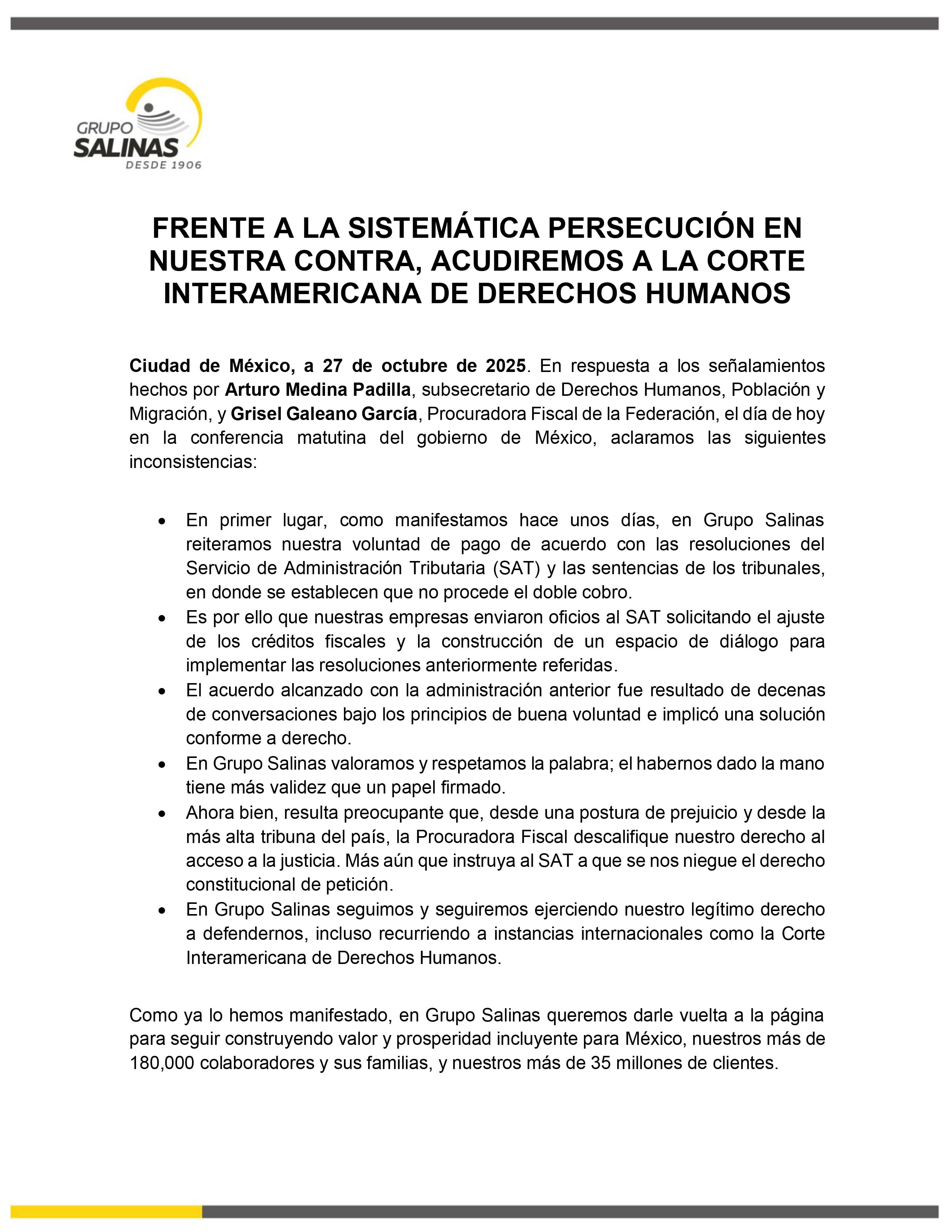 Grupo Salinas reitera que quiere pagar sólo el 10% de su deuda