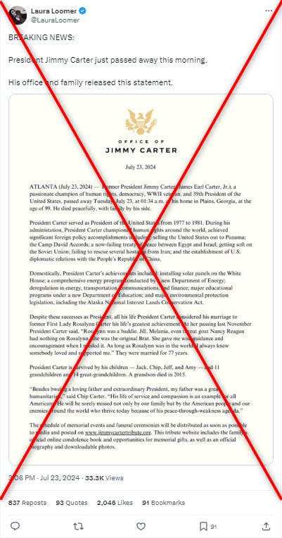 Carta falsa sobre los rumores de muerte de Jimmy Carter