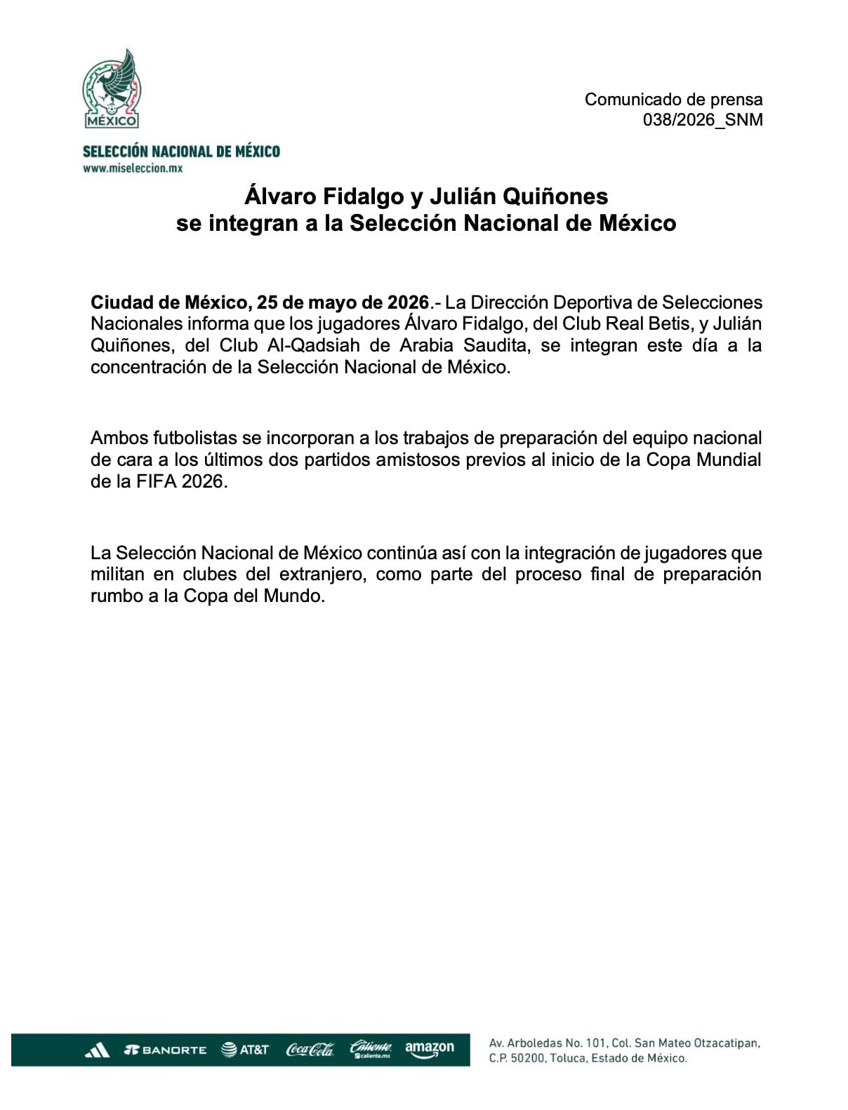 Fidalgo y Quiñones se unen al Tri rumbo al Mundial 2026