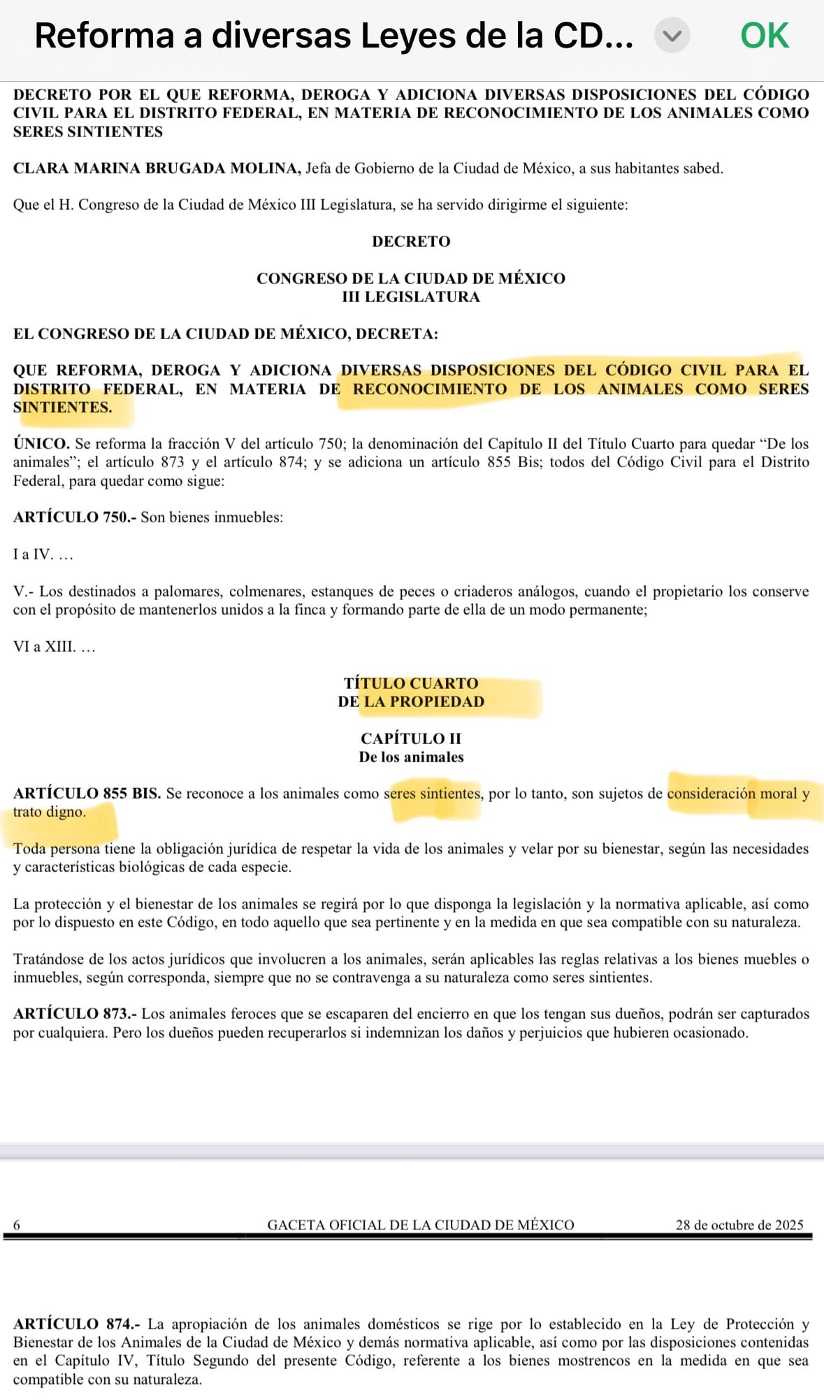 Reforma al Código Civil de la CDMX sobre animales.