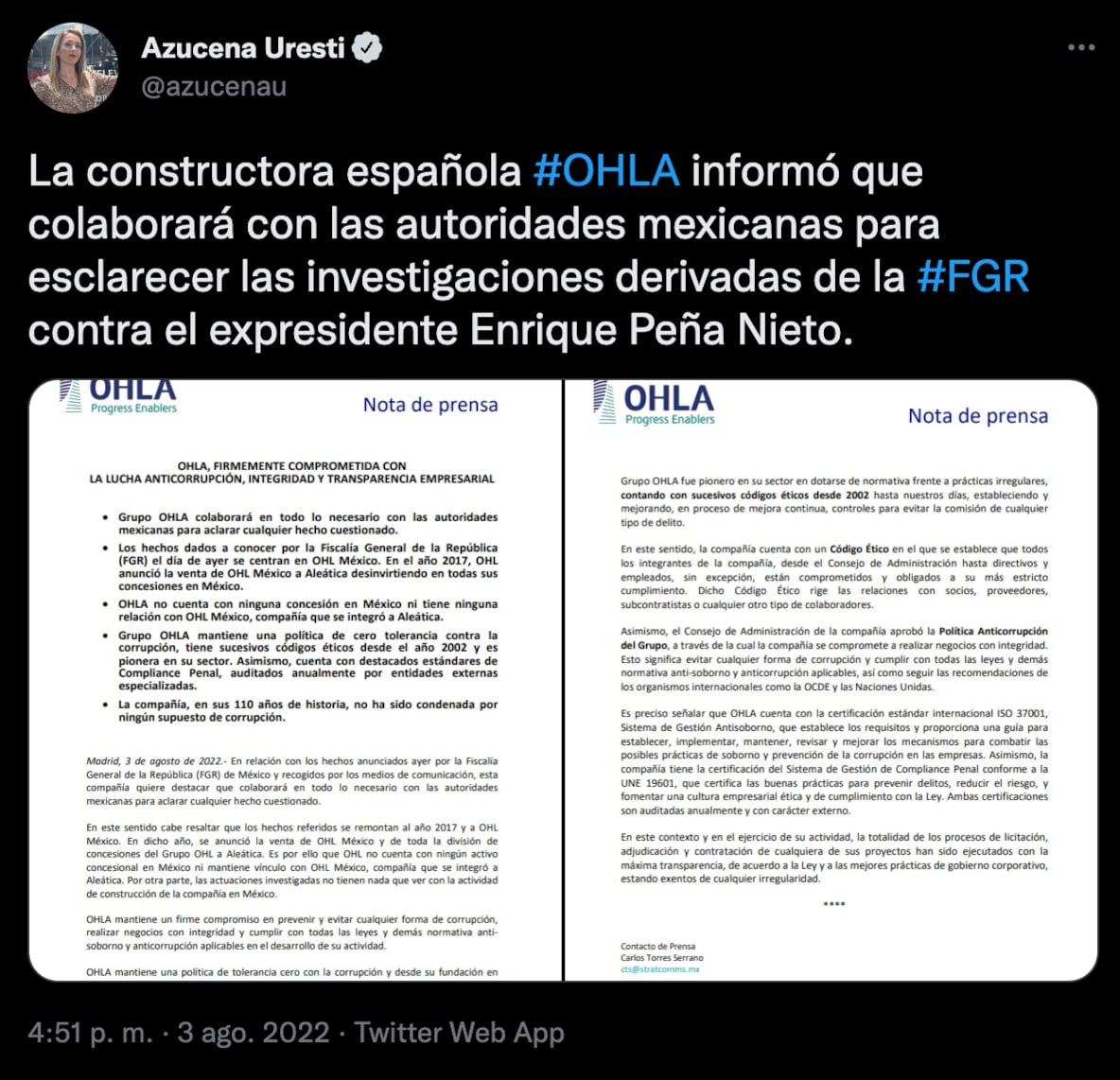 OHLA colaborará con FGR en investigación contra Enrique Peña Nieto; aclara que no tiene vínculos con OHL México