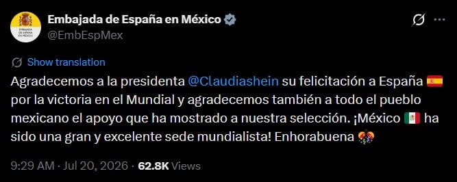 Embajada de España agradece a Sheinbaum y a México por felicitación tras ganar el Mundial 2026