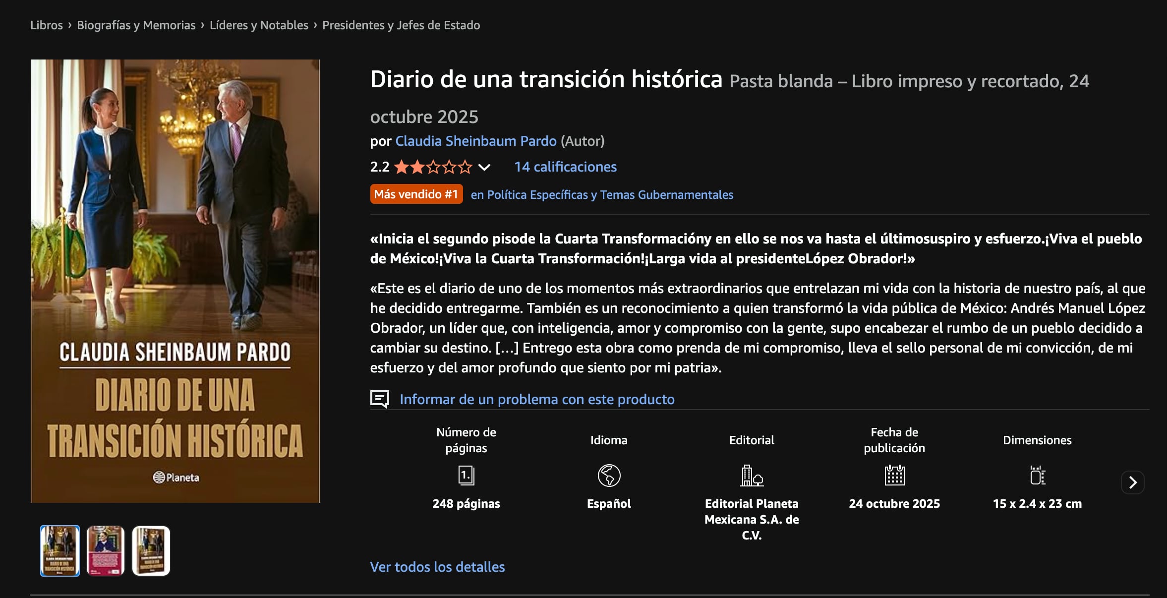 Claudia Sheinbaum celebra que Diario de una transición histórica ya es primer lugar en ventas en Amazon