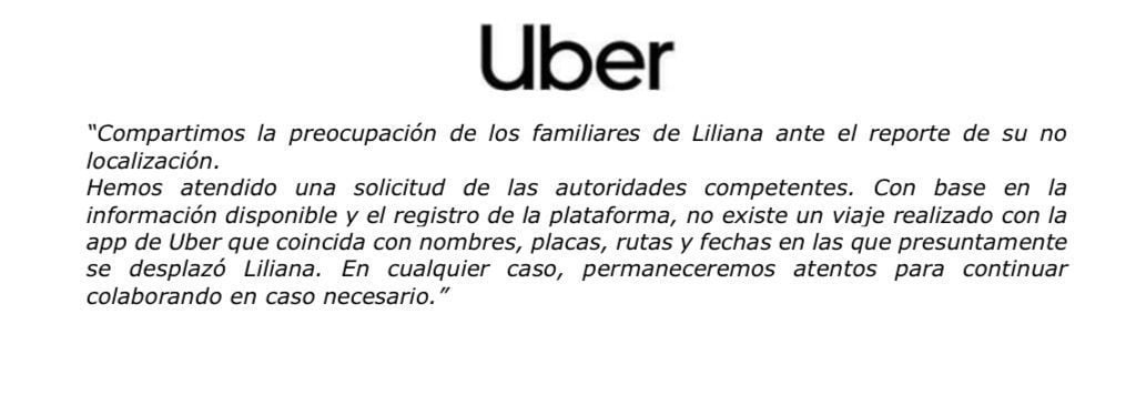 Uber sobre la desaparición de Liliana