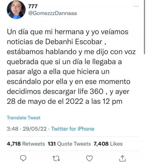 Publicación de Dana, hermana Ana Michelle Gómez