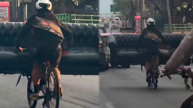 VIDEO: Un ciclista conquista TikTok al transportar un sillón en su bicicleta