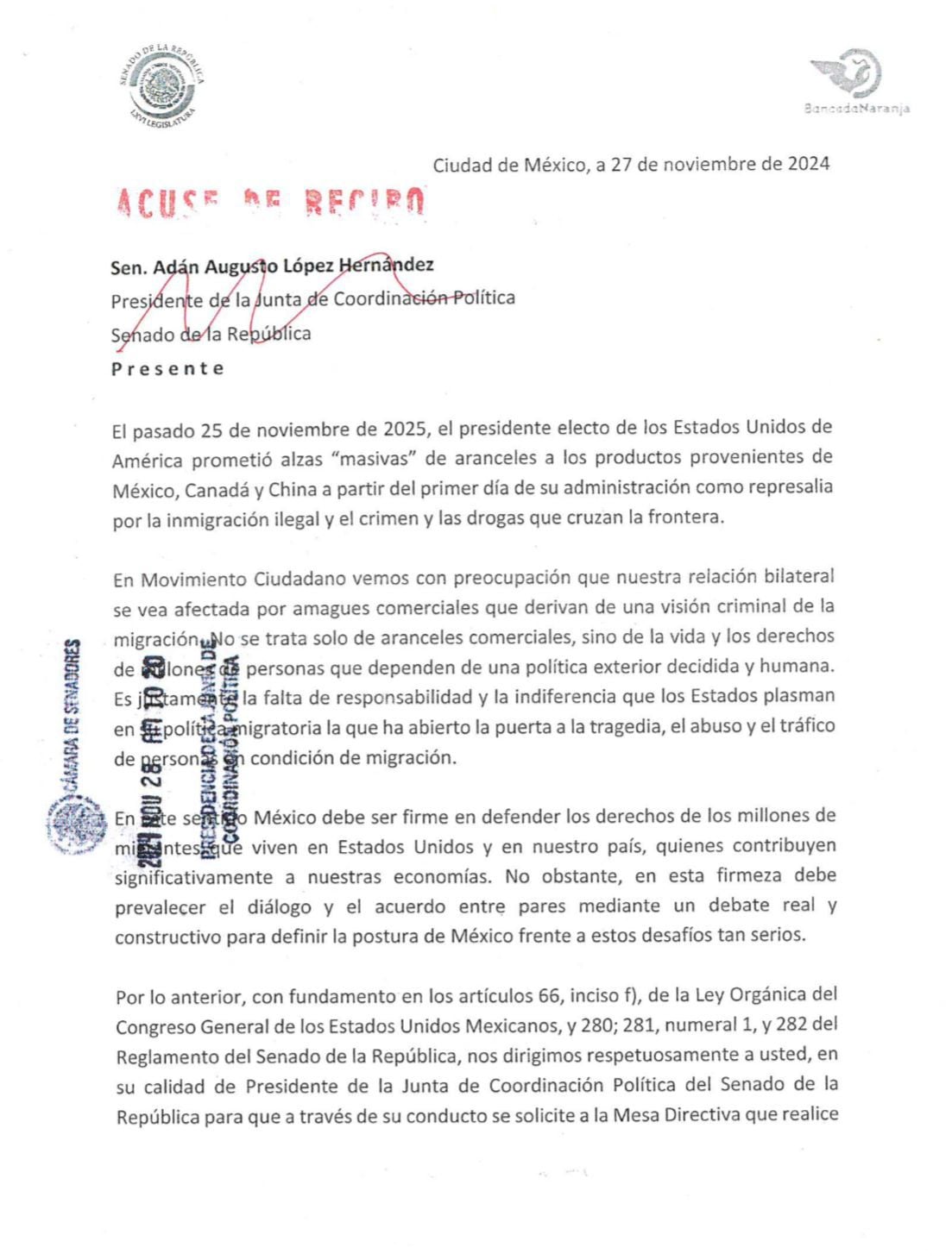 Movimiento Ciudadano solicita reunión parlamentaria con cámaras de EU y Canadá