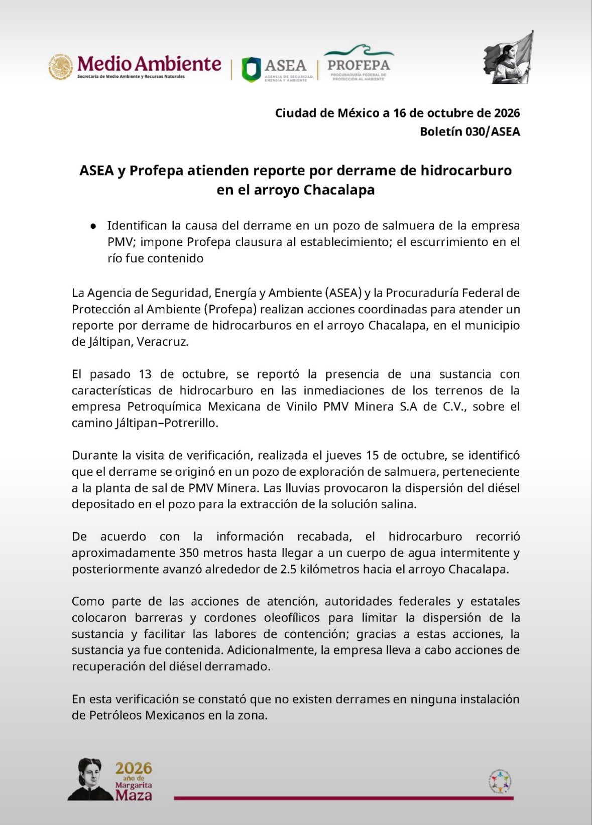 ASEA y Profepa atienden derrame de hidrocarburo en el arroyo Chacalapa, Veracruz