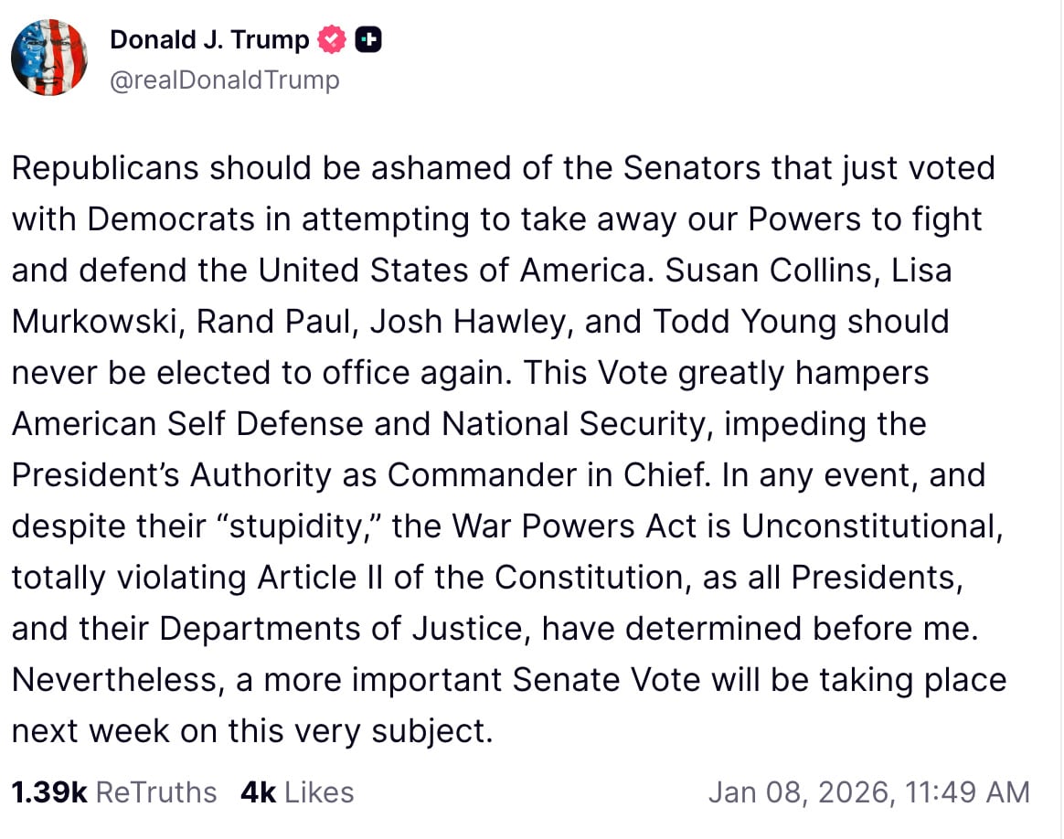 Donald Trump responde al Congreso de Estados Unidos por frenar sus acciones militares en Venezuela