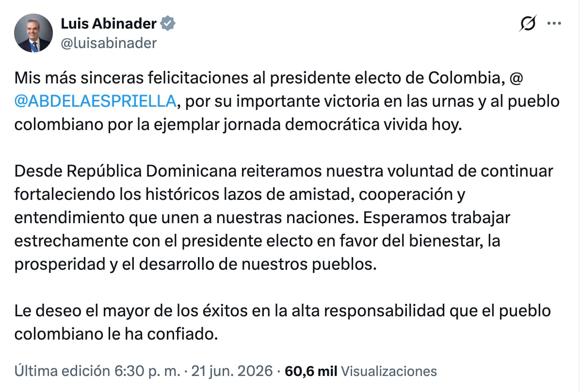 Líderes mundiales felicitan a Abelardo de la Espirella, presidente electo de Colombia