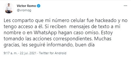 Acusa Víctor Hugo Romo hackeo