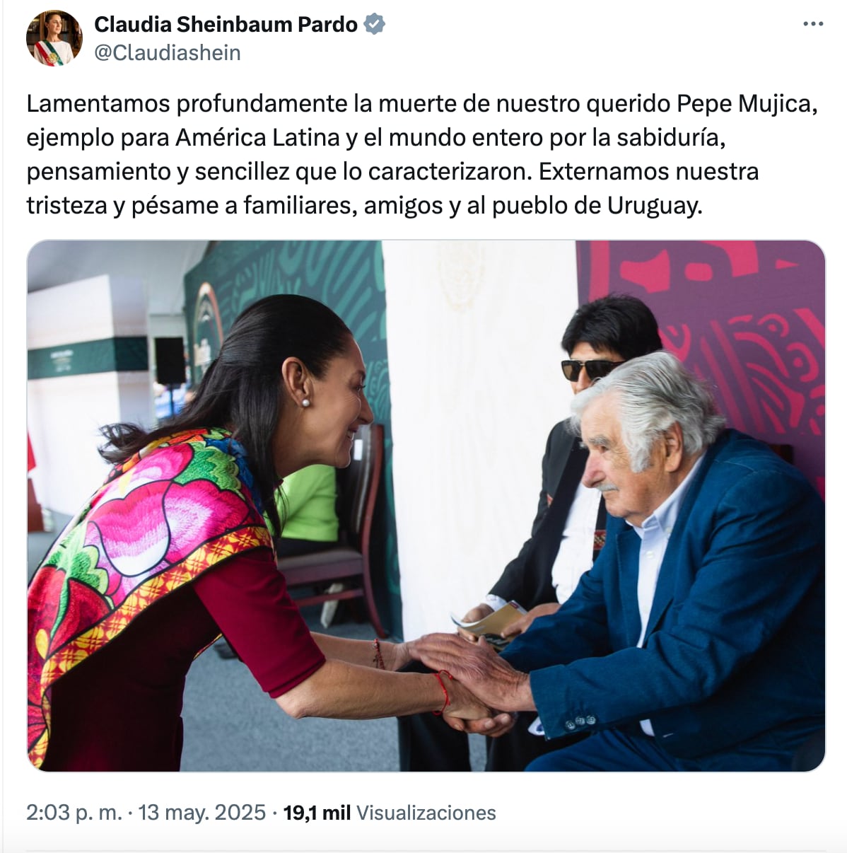 Claudia Sheinbaum comparte mensaje y emotiva foto con José Mujica