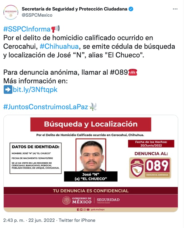 Ficha roja de la SSPC por "el Chueco"