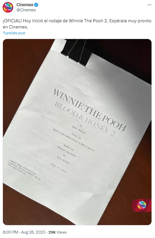 Winnie the Pooh: Blood and Honey 2 anuncia el inicio de rodaje