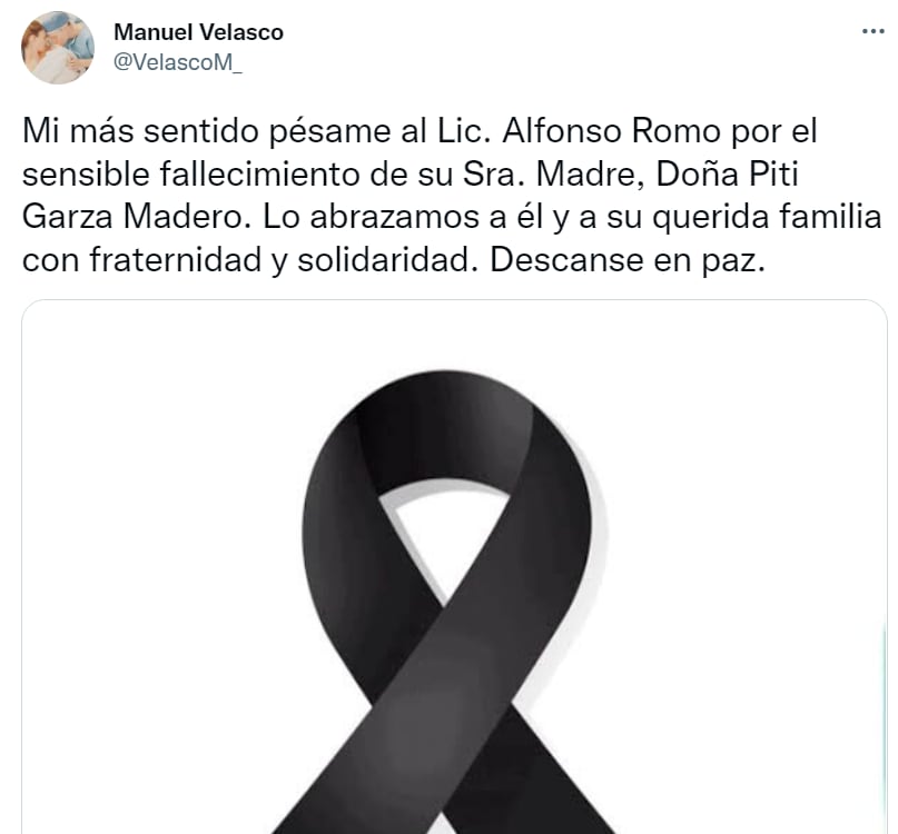 Tuit de Manuel Velasco, ex gobernador de Chiapas, lamentando la muerte de Pita Garza de Madero Romo