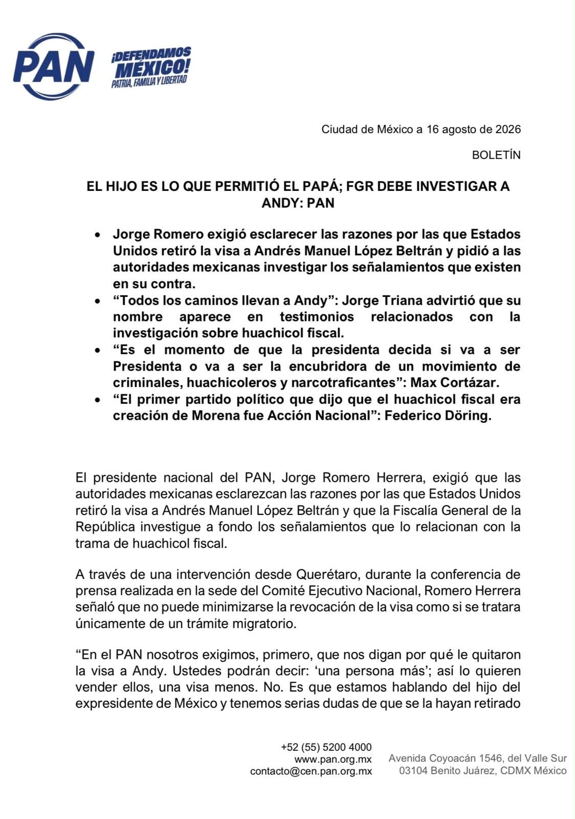 Comunicado del PAN contra López Beltrán