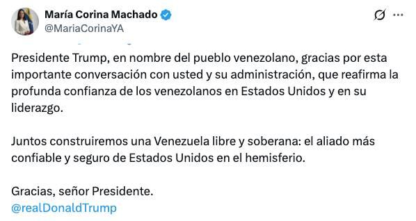 Corina Machado responde a mensaje de Trump