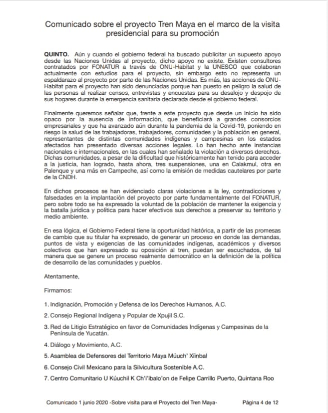 Comunicado del CNI sobre el Tren Maya en 2020/Twitter