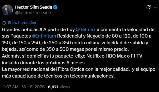 Telmex anuncia más velocidad de internet en paquetes Infinitum
