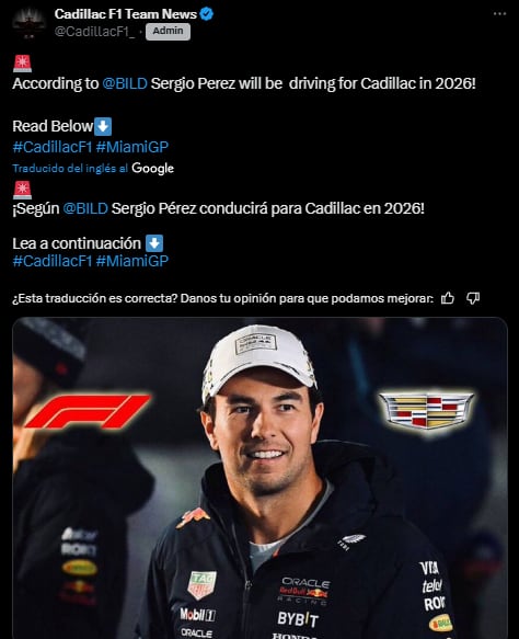 Checo Pérez estaría por firmar con Cadillac para volver a Fórmula 1.