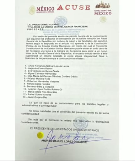 Carta donde AMLO busca reemplazo de Alejandro Gertz Manero