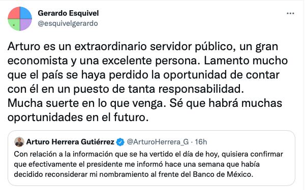 Tuit de Gerardo Esquivel sobre el retiro del nombramiento de Arturo Herrera para ser gobernador de Banxico