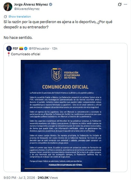 Álvarez Máynez cuestiona el reclamo de Ecuador ante la FIFA tras su derrota frente a México