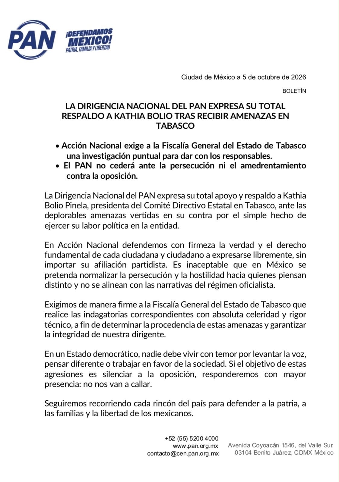 Comunicado PAN sobre Kathia Bolio