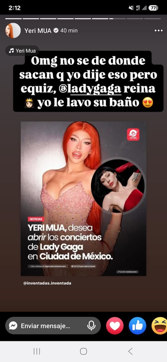 Yeria Mua responde en Instagram a ser telonera de Lady Gaga