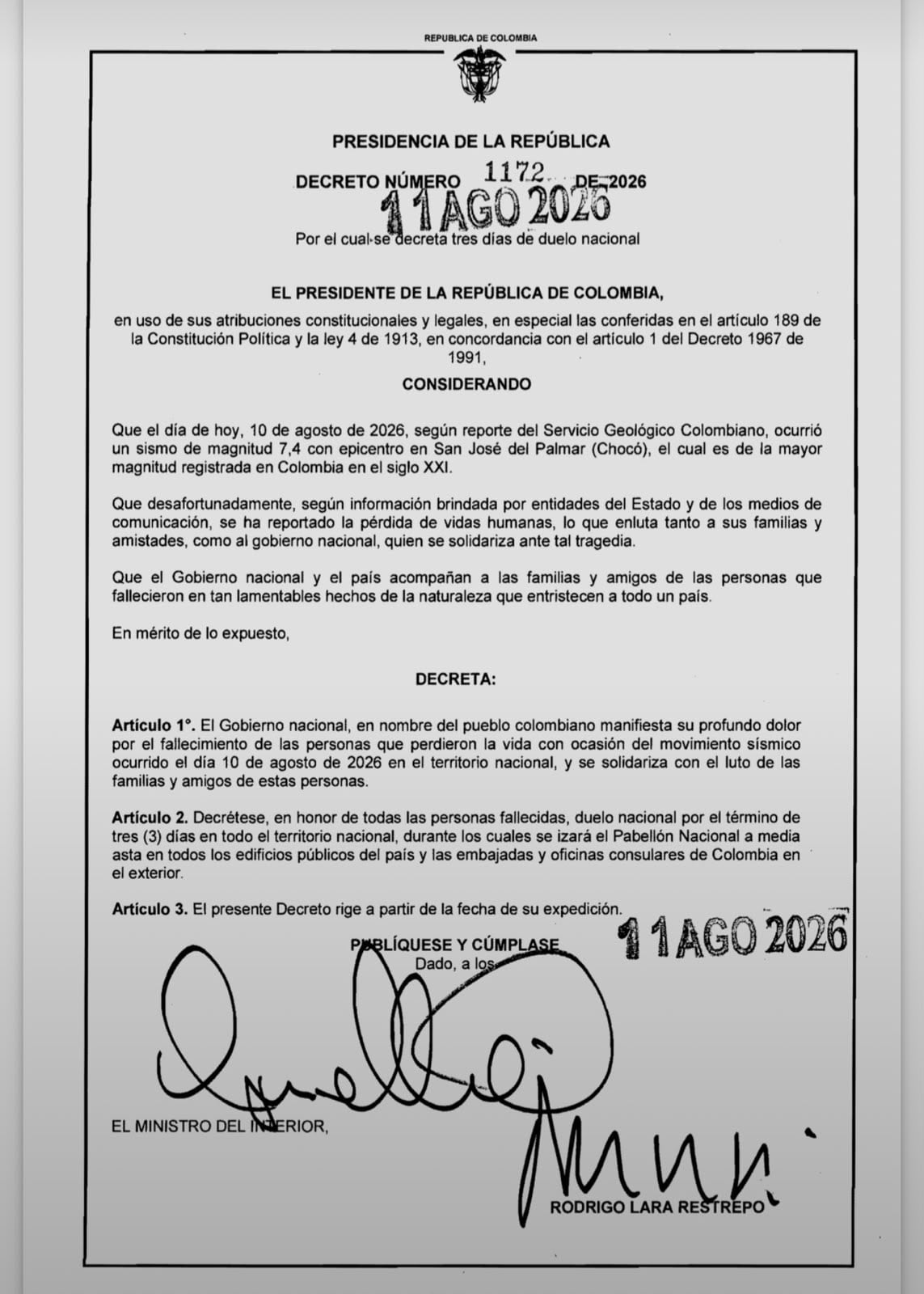 Abelardo de la Espriella decreta duelo nacional por víctimas del terremoto en Colombia