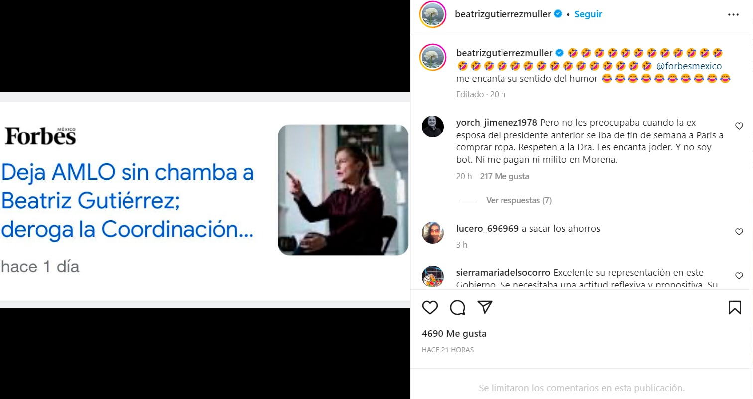 Beatriz Gutiérrez se burla de medios porque AMLO la “dejó sin chamba”